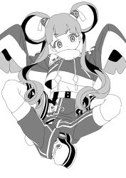 Rule 34 | 1girl, archived source, bad id, bad twitter id, blunt bangs, closed mouth, cropped jacket, drawstring, full body, greyscale, hair ornament, hair rings, highres, kiratto pri chan, leg warmers, long hair, looking at viewer, melpan (pri chan), monochrome, pretty series, shoes, simple background, sitting, sleeves past fingers, sleeves past wrists, solo, tassel, twintails, white background, wide sleeves, zashima