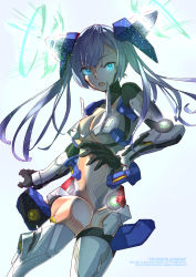 Rule 34 | 00 gundam, 1girl, blue eyes, blue hair, breasts, cleavage, clothing cutout, glowing, glowing eyes, gn drive, gundam, gundam 00, highres, i.takashi, mecha musume, medium breasts, navel, open hand, open mouth, personification, running, solo, stomach cutout, twintails, underboob