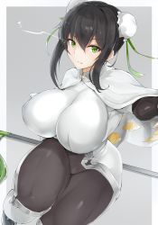 Rule 34 | 1girl, arm guards, black gloves, black hair, bodysuit, breasts, bun cover, cape, chinese clothes, cloud print, double bun, fate/grand order, fate (series), gloves, green eyes, hair bun, highres, holding, holding weapon, large breasts, maruyaa (malya1006), polearm, qin liangyu (fate), sidelocks, simple background, skin tight, solo, spear, thighs, weapon, white bodysuit, white cape
