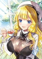 Rule 34 | 1girl, absurdres, armband, assault lily, beret, black bow, black bowtie, black dress, black ribbon, blonde hair, blue eyes, blush, bow, bowtie, breasts, cleavage, commentary request, cup, day, dress, hair tie, hand up, hat, hat ribbon, highres, holding, holding cup, indoors, large breasts, light particles, long hair, long sleeves, looking at viewer, parted lips, pohjola, ribbon, see-through, shrug (clothing), sidelocks, smile, solo, striped ribbon, sunlight, tachihara sayu, tea, teacup, tree, upper body, very long hair, white hat, window