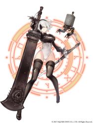 Rule 34 | 1girl, artist request, black gloves, black thighhighs, blindfold, breasts, cleavage, copyright name, feather trim, full body, gloves, hairband, highres, holding, holding sword, holding weapon, huge weapon, katana, leotard, medium breasts, mole, mole under mouth, nier (series), nier:automata, official art, pod (nier:automata), puffy sleeves, self-upload, short hair, simple background, sinoalice, sword, thighhighs, weapon, white background, white hair, 2b (nier:automata)