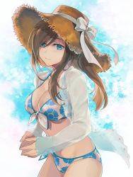 Rule 34 | 1girl, bikini, blue eyes, breasts, brown hair, cleavage, cowboy shot, floral print, front-tie top, hair over one eye, isa (peien516), large breasts, long hair, long sleeves, looking at viewer, ribbon, see-through, shirt, solo, standing, swept bangs, swimsuit, tales of (series), tales of the abyss, tear grants, white bikini, white ribbon, white shirt