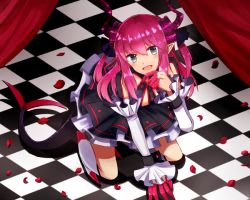 Rule 34 | 10s, 1girl, blue eyes, checkered floor, claws, curtains, detached sleeves, dress, elizabeth bathory (fate), elizabeth bathory (fate/extra ccc), elizabeth bathory (first ascension) (fate), fate/extra, fate/extra ccc, fate (series), floor, horns, long hair, motiumai, pink hair, pointy ears, pointy footwear, shoes, solo, tail, two side up