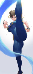 Rule 34 | 1girl, absurdres, axe kick, bare arms, black hair, blue bodysuit, bodysuit, breast curtain, breasts, brown eyes, capcom, chun-li, crotch, double bun, feet out of frame, fighting stance, flying sweatdrops, hair bun, hair ribbon, hands up, highres, kicking, large breasts, legs, looking at viewer, martial arts, parted lips, ribbon, rororo, solo, standing, standing on one leg, street fighter, street fighter zero (series), studded bracelet, sweat, thighs, v-shaped eyebrows, yellow ribbon