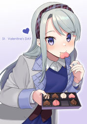 Rule 34 | 1girl, akagi kurage, blue dress, blue eyes, blush, candy, chocolate, chocolate heart, closed mouth, coat, dress, food, gradient background, grey coat, heart, highres, holding, kantai collection, long hair, long sleeves, mouth hold, sagiri (kancolle), silver hair, smile, solo, valentine