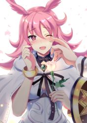 Rule 34 | 1girl, bracelet, breasts, cleavage, cloak, crying, fate/grand order, fate (series), flower, head wings, hildr (fate), holding, holding flower, jewelry, kyogoku shin, pink eyes, pink hair, shield, solo, tears, valkyrie (fate), wings, wiping tears