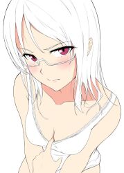 Rule 34 | 1girl, blush, breasts, cleavage, collarbone, commentary, from above, hi iro, looking at viewer, medium breasts, nightgown, original, pink eyes, semi-rimless eyewear, simple background, sweatdrop, white-framed eyewear, white background, white hair, white nightgown