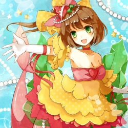 Rule 34 | 10s, 1girl, :d, bow, breasts, brown hair, cardfight!! vanguard, character request, choker, cleavage, collarbone, detached sleeves, dress, elbow gloves, frilled dress, frills, gloves, green eyes, hair bow, hair ornament, hair ribbon, looking at viewer, medium breasts, open mouth, prism promise labrador, reaching, ribbon, short hair, smile, solo, yellow dress, yon (letter)