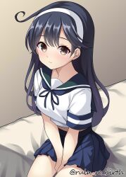 1girl ahoge bed black_hair blue_sailor_collar blue_skirt blush breasts brown_eyes commentary_request hairband kantai_collection large_breasts long_hair looking_at_viewer medium_breasts pleated_skirt ruin_re_birth sailor_collar school_uniform serafuku sitting skirt solo twitter_username ushio_(kancolle) ushio_kai_ni_(kancolle)