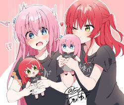 Rule 34 | !?, 2girls, absurdres, black shirt, blue eyes, blush, bocchi the rock!, character doll, closed mouth, clothes writing, commentary request, cube hair ornament, doll, gotoh hitori, green eyes, hair between eyes, hair ornament, highres, holding, holding doll, kessoku band t-shirt, kiss, kissing doll, kita ikuyo, long hair, looking at another, multiple girls, one eye closed, one side up, open mouth, pink hair, red hair, shigure (sigre), shirt, short sleeves, side ahoge, smile, surprised, sweatdrop