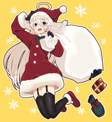 Rule 34 | 1girl, absurdres, angel, arm up, blue eyes, blush, bow, box, christmas, christmas present, dress, ekomori eko, feathered wings, fur-trimmed dress, fur-trimmed footwear, fur-trimmed sleeves, fur collar, fur trim, garter straps, gift, gift bag, gift box, gloves, halo, hand on headwear, hat, head wings, highres, holding, holding sack, jumping, long hair, long sleeves, open mouth, original, pom pom (clothes), sack, santa costume, santa hat, smile, snowflakes, solo, thighhighs, very long hair, white hair, wings