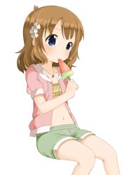 Rule 34 | 10s, 1girl, bad id, bad pixiv id, blue eyes, brown hair, flower, food, hair flower, hair ornament, highres, hood, hoodie, idolmaster, idolmaster million live!, jewelry, muku (muku-coffee), navel, necklace, open clothes, open hoodie, popsicle, shorts, simple background, sitting, solo, suou momoko, sweatdrop, watermelon bar, white background