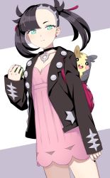 Rule 34 | 1girl, aqua eyes, arm at side, asymmetrical bangs, backpack, bag, black choker, black eyes, black hair, black jacket, breasts, choker, closed eyes, closed mouth, collar, commentary request, cowboy shot, creatures (company), dusk ball, earrings, expressionless, fang, game freak, gen 8 pokemon, jacket, jewelry, kumadano, long sleeves, looking at viewer, marnie (pokemon), morpeko, morpeko (full), nintendo, open clothes, open jacket, peeking, poke ball, pokemon, pokemon (creature), pokemon swsh, short hair, short twintails, sleeves past wrists, small breasts, stud earrings, twintails, two-tone background