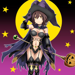 Rule 34 | 10s, 1girl, bad id, bad pixiv id, breasts, brown eyes, brown hair, cape, cleavage, earrings, elbow gloves, garter straps, gloves, hair between eyes, halloween costume, hat, highres, jewelry, kantai collection, kuromayu, medium breasts, navel, shiratsuyu (kancolle), short hair, solo, staff, thighhighs, underboob, witch hat