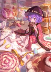 Rule 34 | 1girl, :t, barefoot, blush, bowl, bowl hat, cake, cake slice, candy, candy wrapper, chocolate, closed mouth, commentary, cup, eating, floral print, food, food on face, fork, full body, hair between eyes, hat, highres, holding, holding food, japanese clothes, kimono, knee up, kyusoukyu, lollipop, looking ahead, mini person, minigirl, needle, obi, petticoat, plate, purple eyes, purple hair, sash, sitting, soles, sukuna shinmyoumaru, toes, touhou, wide sleeves