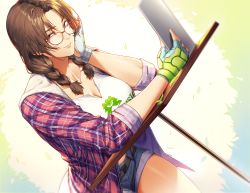 Rule 34 | 1girl, bad id, bad twitter id, belt, braid, breasts, cleavage, closed mouth, collarbone, commentary request, denim, denim shorts, dutch angle, fingerless gloves, glasses, gloves, green gloves, hand on own cheek, hand on own face, highres, holding, holding tablet pc, houjoh (7th-heaven), julia chang, large breasts, looking at viewer, namco, parted bangs, shirt, shorts, sleeves rolled up, smile, table, tablet pc, tekken, tekken 7, thighs, twintails, white shirt