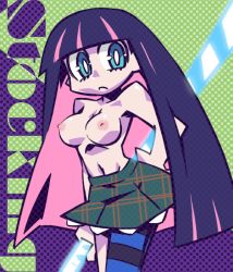 Rule 34 | 10s, 1girl, bad id, bad pixiv id, blue eyes, blue hair, breasts, cannsk, character name, colored inner hair, katana, large breasts, matching hair/eyes, multicolored hair, navel, nipples, official style, panty &amp; stocking with garterbelt, pink hair, plaid, plaid skirt, polka dot, polka dot background, skirt, solo, stocking (psg), striped clothes, striped thighhighs, stripes i &amp; ii, sword, thighhighs, topless, two-tone hair, weapon