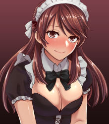 Rule 34 | 1girl, blush, bow, brave witches, breasts, brown eyes, brown hair, cleavage, commentary, gradient background, hair bow, karibuchi takami, large breasts, liar lawyer, long hair, looking at viewer, maid, maid headdress, short sleeves, smile, solo, upper body, world witches series