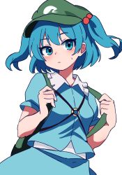 Rule 34 | 1girl, backpack, bag, blue eyes, blue hair, blue jacket, blue skirt, closed mouth, commentary request, expressionless, green bag, green hat, hair bobbles, hair ornament, hat, highres, jacket, kawashiro nitori, kv-san, medium hair, puffy short sleeves, puffy sleeves, short-sleeved jacket, short sleeves, skirt, skirt set, smile, sweatdrop, touhou, two side up, upper body, white background