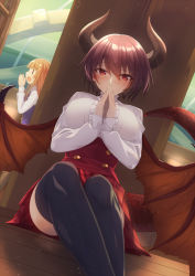 Rule 34 | 2girls, :o, anne (shingeki no bahamut), black legwear, blonde hair, blue vest, blunt bangs, blush, breasts, brown hair, brown wings, center frills, closed mouth, commentary request, dragon girl, dragon horns, dragon tail, dragon wings, dutch angle, frills, grea (shingeki no bahamut), hair between eyes, hands up, high-waist skirt, horns, large breasts, manaria friends, multiple girls, open mouth, own hands together, plaid, plaid skirt, pleated skirt, pointy ears, red eyes, red skirt, shingeki no bahamut, shirt, sitting, skirt, smile, solo focus, tail, thighhighs, vest, white shirt, wings, yukichin, | |