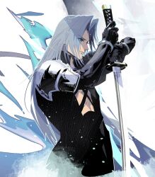 Rule 34 | 1boy, armor, black gloves, black jacket, blue eyes, closed mouth, cofffee, cross-laced clothes, final fantasy, final fantasy vii, final fantasy vii remake, from side, gloves, grey hair, hands up, high collar, holding, holding sword, holding weapon, jacket, light particles, long hair, long sleeves, male focus, masamune (ff7), parted bangs, pectoral cleavage, pectorals, sephiroth, shoulder armor, solo, sword, upper body, weapon