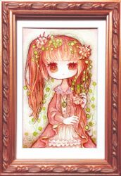 Rule 34 | 1girl, bright pupils, charm (object), closed mouth, confused, dress, flower, hair flower, hair ornament, hand in own hair, idola, leaf, leaf on head, long hair, looking at viewer, original, picture frame, pink dress, pink eyes, pink flower, pink hair, ponytail, sidelocks, solo, traditional media, white background, white pupils