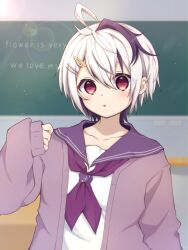 Rule 34 | 1girl, :o, ahoge, chalkboard, classroom, collarbone, english text, flower (vocaloid), flower (vocaloid4), hair ornament, hairclip, highres, indoors, jacket, long sleeves, looking at viewer, multicolored hair, neckerchief, open mouth, purple eyes, purple hair, purple jacket, purple neckerchief, purple sailor collar, rageno0000, sailor collar, school, shirt, sleeves past wrists, solo, streaked hair, tomboy, variant set, vocaloid, white hair, white shirt