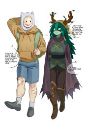 Rule 34 | 1boy, 1girl, absurdres, adventure time, backpack, bag, blonde hair, blush, boots, breasts, cape, colored skin, commentary, domino mask, english commentary, english text, finn the human, flying sweatdrops, green eyes, green hair, green skin, green tunic, hair branch, highres, hood, hood up, hoodie, horns, horns through headwear, huntress wizard, knee boots, large breasts, leaf, long hair, mask, nia (nia4294), open mouth, plant hair, scar, scar on leg, shorts, simple background, smile, speech bubble, tunic, white background