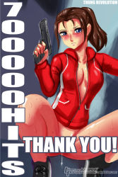 Rule 34 | 1girl, blue eyes, blush, breasts, brown hair, cleavage, gun, jacket, left 4 dead, legs, no bra, no panties, open clothes, open shirt, panties, ponytail, pussy juice, shirt, solo, squatting, sweat, thighs, underwear, weapon, zoey (left4dead)