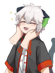 Rule 34 | 1boy, 1other, animal ears, arknights, bishounen, blush, cat boy, cat ears, cat tail, chinese clothes, closed eyes, fang, hands on another&#039;s face, highres, luo xiaohei, male focus, short hair, simple background, smile, tail, luo xiaohei zhanji, tofudofu, upper body, white background, white hair