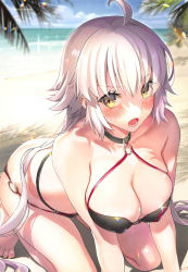Rule 34 | 1girl, ahoge, all fours, bare shoulders, barefoot, beach, bikini, black bikini, blue sky, blush, breasts, choker, cleavage, cloud, cloudy sky, collarbone, covered erect nipples, day, eyes visible through hair, fate/grand order, fate (series), full body, hair between eyes, highres, jeanne d&#039;arc alter (swimsuit berserker) (fate), jeanne d&#039;arc (fate), jeanne d&#039;arc alter (fate), jeanne d&#039;arc alter (swimsuit berserker) (fate), large breasts, long hair, looking at viewer, lowleg, lowleg bikini, o-ring, ocean, open mouth, outdoors, palm leaf, sage joh, sand, scan, shiny clothes, shiny skin, skindentation, sky, solo, swimsuit, toes, water, yellow eyes