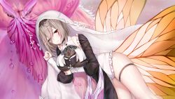 Rule 34 | 1girl, absurdres, aponia (honkai impact), black dress, breasts, brown hair, butterfly wings, cleavage, closed mouth, dress, hair between eyes, highres, honkai (series), honkai impact 3rd, insect wings, large breasts, long hair, looking at viewer, nun, ponytail, re xiangbin, red eyes, solo, thighs, veil, wings