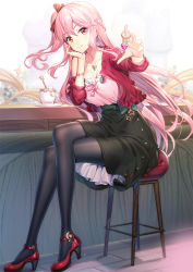 Rule 34 | &gt;:), 1girl, black pantyhose, black skirt, bow, braid, closed mouth, collarbone, commentary request, crossed legs, cup, emily stock, full body, hair between eyes, hair bow, head in hand, head rest, heart, heart necklace, high heels, highres, jacket, jewelry, long hair, long sleeves, looking at viewer, necklace, on stool, one side up, open clothes, open jacket, original, pantyhose, pink hair, pink shirt, red bow, red eyes, red footwear, red jacket, ririko (zhuoyandesailaer), saucer, shirt, shoes, sitting, skirt, smile, solo, star (symbol), stool, v-shaped eyebrows, very long hair
