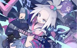 Rule 34 | 1girl, ab-ten, bass guitar, blue eyes, blush, boots, creatures (company), cymbals, dress, drum, forehead, freckles, game freak, gen 1 pokemon, gym leader, hair bobbles, hair ornament, instrument, koffing, lightning background, music, musical note, nintendo, plectrum, pokemon, pokemon (creature), pokemon bw2, roxie (pokemon), singing, stage, stereo, strapless, strapless dress, striped clothes, striped dress, topknot, white hair