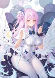 Rule 34 | 1girl, angel wings, black scrunchie, blue archive, blue bow, blue flower, blush, bow, breasts, capelet, closed mouth, feathered wings, flower, frilled leotard, frills, hair bun, hair flower, hair ornament, halo, highres, large breasts, leotard, long hair, looking at viewer, low wings, mika (blue archive), obiwan, pantyhose, pink hair, scrunchie, signature, single side bun, skirt, solo, very long hair, white capelet, white leotard, white pantyhose, white skirt, white wings, wing ornament, wings, wrist scrunchie, yellow eyes