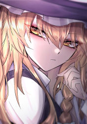 Rule 34 | 1girl, 33 gaff, blonde hair, braid, closed mouth, eyes visible through hair, frilled hat, frills, hair between eyes, hand up, hat, kirisame marisa, long hair, looking to the side, puffy short sleeves, puffy sleeves, purple hat, shirt, short sleeves, simple background, single braid, solo, touhou, white background, white shirt, witch hat, yellow eyes