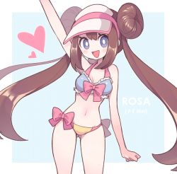 Rule 34 | 1girl, aliceyawnin, alternate costume, arm up, bare shoulders, bikini, blue background, blue eyes, blush, blush stickers, border, bow, breasts, brown hair, character name, clenched hand, creatures (company), double bun, english text, female focus, frilled bikini, frills, game freak, gluteal fold, groin, hair bun, happy, hat, japanese text, long hair, looking at viewer, multicolored bikini, multicolored clothes, navel, nintendo, open mouth, outside border, pink bow, pink hat, pokemon, pokemon bw2, rosa (pokemon), sidelocks, simple background, small breasts, smile, solo, standing, stomach, swimsuit, twintails, visor cap, white border