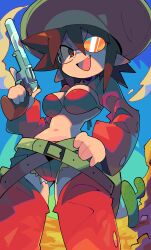Rule 34 | 1girl, :d, absurdres, bacun, belt, belt skirt, bikini, bikini top only, breasts, brown hair, cactus, chaps, cowboy hat, cowboy western, cropped jacket, cutoffs, desert, detached sleeves, disgaea, fang, glasses, gluteal fold, green belt, gun, gunslinger (disgaea), hand on own hip, hand up, handgun, hat, highres, holding, holding weapon, jacket, large breasts, looking at viewer, makai senki disgaea 3, navel, opaque glasses, open mouth, partially opaque glasses, pointy ears, red bikini, red eyes, red jacket, red shorts, red thighhighs, revolver, round eyewear, short hair, short shorts, shorts, smile, solo, spiked hair, swimsuit, thighhighs, trigger discipline, v-shaped eyebrows, weapon, wide sleeves