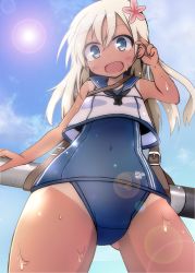 Rule 34 | 10s, 1girl, blonde hair, blue eyes, blue sky, blush, cloud, covered navel, crop top, day, flower, from below, hair flower, hair ornament, kantai collection, lens flare, long hair, one-piece swimsuit, one-piece tan, ro-500 (kancolle), school swimsuit, school uniform, serafuku, sky, solo, swimsuit, swimsuit under clothes, tan, tanline, torpedo, wet, yuuhi alpha