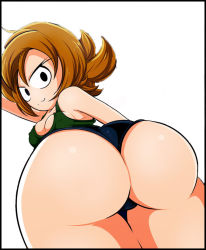 Rule 34 | 1girl, ass, breasts, brown hair, cleavage, huge ass, looking at viewer, looking back, medium breasts, mighty (series), mighty switch force!, panties, parkdale, patricia wagon, revision, shiny skin, smile, solo, thick thighs, thighs, third-party edit, underwear, wayforward