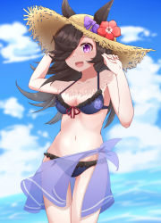 Rule 34 | 1girl, :d, animal ears, arm up, bikini, black bikini, blue sky, bow, breasts, brown hair, cloud, collarbone, commentary request, day, ears through headwear, floating hair, flower, frilled bikini, frills, front-tie bikini top, front-tie top, gluteal fold, hair over one eye, halterneck, hand on headwear, hand up, hat, hat bow, hat flower, highres, hiro (pqtks113), horse ears, light blush, long bangs, long hair, looking at viewer, medium breasts, navel, open mouth, outdoors, purple eyes, rice shower (umamusume), sarong, see-through, skindentation, sky, smile, solo, stomach, straw hat, sun hat, swimsuit, thigh gap, umamusume, wind
