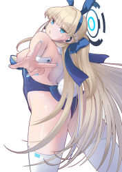 Rule 34 | 1girl, absurdres, animal ears, bare shoulders, blue archive, blue leotard, blush, breasts, breasts out, detached collar, earpiece, fake animal ears, fake tail, halo, highleg, highleg leotard, highres, kogarasu1st, leotard, long hair, looking at viewer, medium breasts, nipples, open mouth, playboy bunny, rabbit ears, rabbit tail, solo, tail, toki (blue archive), toki (bunny) (blue archive), wrist cuffs