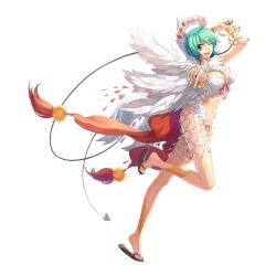 Rule 34 | 1girl, aqua hair, bangle, bikini, blue nails, bracelet, bracer, breasts, brown footwear, cleavage, feather trim, feathered wings, flip-flops, full body, green eyes, heart, highres, holding, holding whip, jewelry, large breasts, leg up, leona (pixiv), looking at viewer, medium bangs, nail polish, navel, official art, one eye closed, open mouth, outstretched arm, ragnarok online, sandals, short hair, simple background, smile, solo, standing, standing on one leg, swimsuit, tachi-e, tiptoes, toenail polish, toenails, transparent background, wanderer (ragnarok online), whip, white background, white bikini, white wings, wings