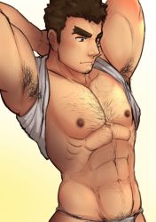 Rule 34 | 1boy, abs, armpits, arms behind head, bara, barry go, blush, body hair, brown hair, chest hair, cropped, facial hair, fundoshi, goatee, highres, japanese clothes, long sideburns, male focus, male underwear, manly, muscular, navel, nipples, pectorals, sideburns, solo, stubble, takabushi kengo, thick eyebrows, tokyo houkago summoners, underwear, upper body, white male underwear