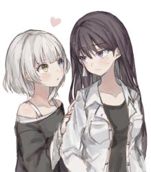 2girls bang_dream! bang_dream!_it&#039;s_mygo!!!!! black_shirt blue_eyes blush brown_hair closed_mouth collarbone commentary_request earrings hand_on_another&#039;s_arm heart heterochromia highres jewelry kaname_raana korean_commentary long_hair looking_at_another medium_hair mole mole_under_eye mollanng multiple_girls off-shoulder_shirt off_shoulder parted_lips purple_eyes shiina_taki shirt simple_background single_earring sweatdrop white_background white_hair white_shirt yellow_eyes yuri