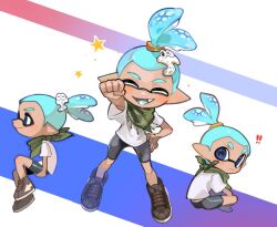 Rule 34 | !, !!, 1boy, bike shorts, black footwear, blue eyes, blue hair, clenched hand, closed eyes, closed mouth, green neckerchief, hair ornament, hairclip, hand on own hip, inkling, inkling boy, inkling player character, looking back, multicolored background, multiple views, neckerchief, nintendo, open mouth, pointy ears, shirt, shoes, short hair, short ponytail, sitting, smile, spl8ya, splatoon (series), splatoon 3, star (symbol), teeth, tentacle hair, thick eyebrows, white background, white shirt