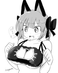 Rule 34 | 1girl, animal ears, blush, bow, braid, breasts, cat cutout, cat ears, cat lingerie, cleavage, cleavage cutout, clothing cutout, covered erect nipples, greyscale, hair bow, kaenbyou rin, large breasts, lingerie, meme attire, monochrome, signature, sweatdrop, taurine 8000mg, touhou, translated, twitter username, underboob, underwear
