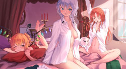 Rule 34 | 3girls, ;), arm behind head, arms up, barefoot, bed, blonde hair, blue eyes, bottomless, braid, breasts, canopy bed, commentary, convenient censoring, cup, dress shirt, english commentary, closed eyes, feet, feet up, flandre scarlet, highres, holding, holding cup, hong meiling, indoors, izayoi sakuya, laevatein, long hair, looking at viewer, lying, medium breasts, morning, mug, multiple girls, naked shirt, navel, on bed, on stomach, one eye closed, open clothes, open mouth, open shirt, pillow, red eyes, red hair, roke (taikodon), shirt, side ponytail, sitting, smile, soles, spread legs, stretching, the pose, touhou, twin braids, white hair, white shirt, window, wings