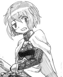 Rule 34 | 1girl, armor, cape, detached sleeves, disgust, eyes visible through hair, frills, gloves, greyscale, grimace, hair between eyes, hatching, highres, mahou shoujo madoka magica, medium hair, miki sayaka, monochrome, photo (medium), pleated skirt, shiny clothes, sidelocks, simple background, skirt, solo, standing, tareme, teeth, traditional media, upper body, user ujsj2527, white background