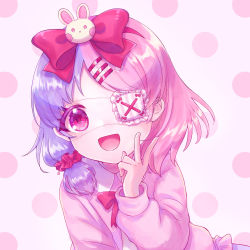 Rule 34 | 1girl, :d, bad id, bad pixiv id, bow, child, colored eyelashes, eyepatch, frilled eyepatch, hair bow, hair ornament, hair scrunchie, highres, kero-san (keroooo 3), looking at viewer, multicolored hair, open mouth, original, pink background, pink eyes, pink hair, pink scrunchie, pink shirt, polka dot, polka dot background, purple hair, rabbit hair ornament, red bow, scrunchie, shirt, short hair, smile, solo, split-color hair, two-tone hair, upper body